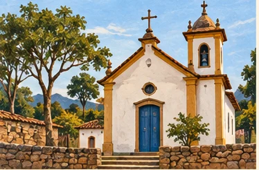 Ilustração editorial de uma pequena igreja colonial mineira