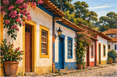 Ilustração editorial de casas coloridas em um povoado mineiro