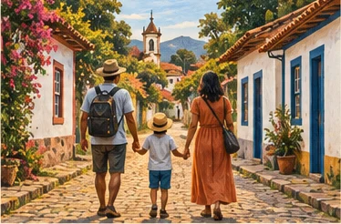 Ilustração editorial de uma família caminhando por um povoado mineiro
