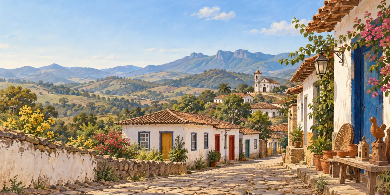 Ilustração editorial panorâmica de um povoado mineiro entre montanhas