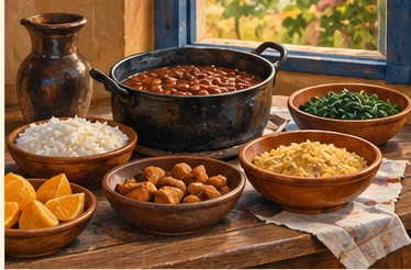Ilustração editorial de uma mesa com pratos da culinária mineira