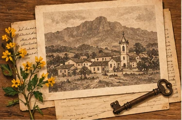 Ilustração editorial inspirada em documentos históricos de um povoado mineiro