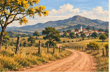 Ilustração editorial de uma estrada rural na região de Prados