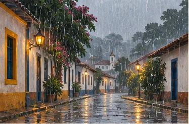 Ilustração editorial de uma rua de povoado mineiro em dia de chuva