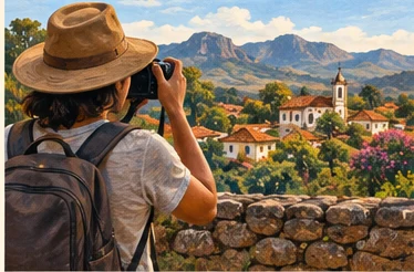 Ilustração editorial de uma viajante fotografando uma paisagem mineira