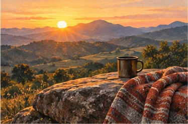 Ilustração editorial de uma paisagem mineira ao nascer do sol
