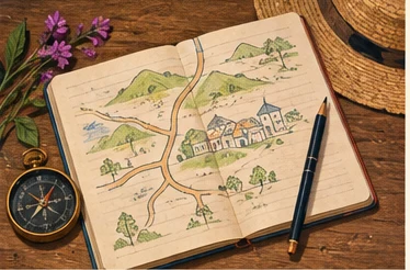 Ilustração editorial de um mapa desenhado para planejar uma viagem regional
